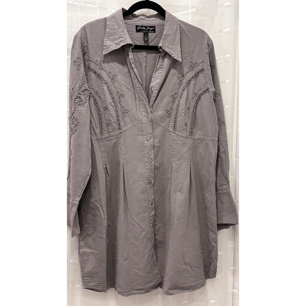 Gretty Zueger Grey‎ Cotton Embroidered Button Down Tunic Shirt Dress 1X Peru